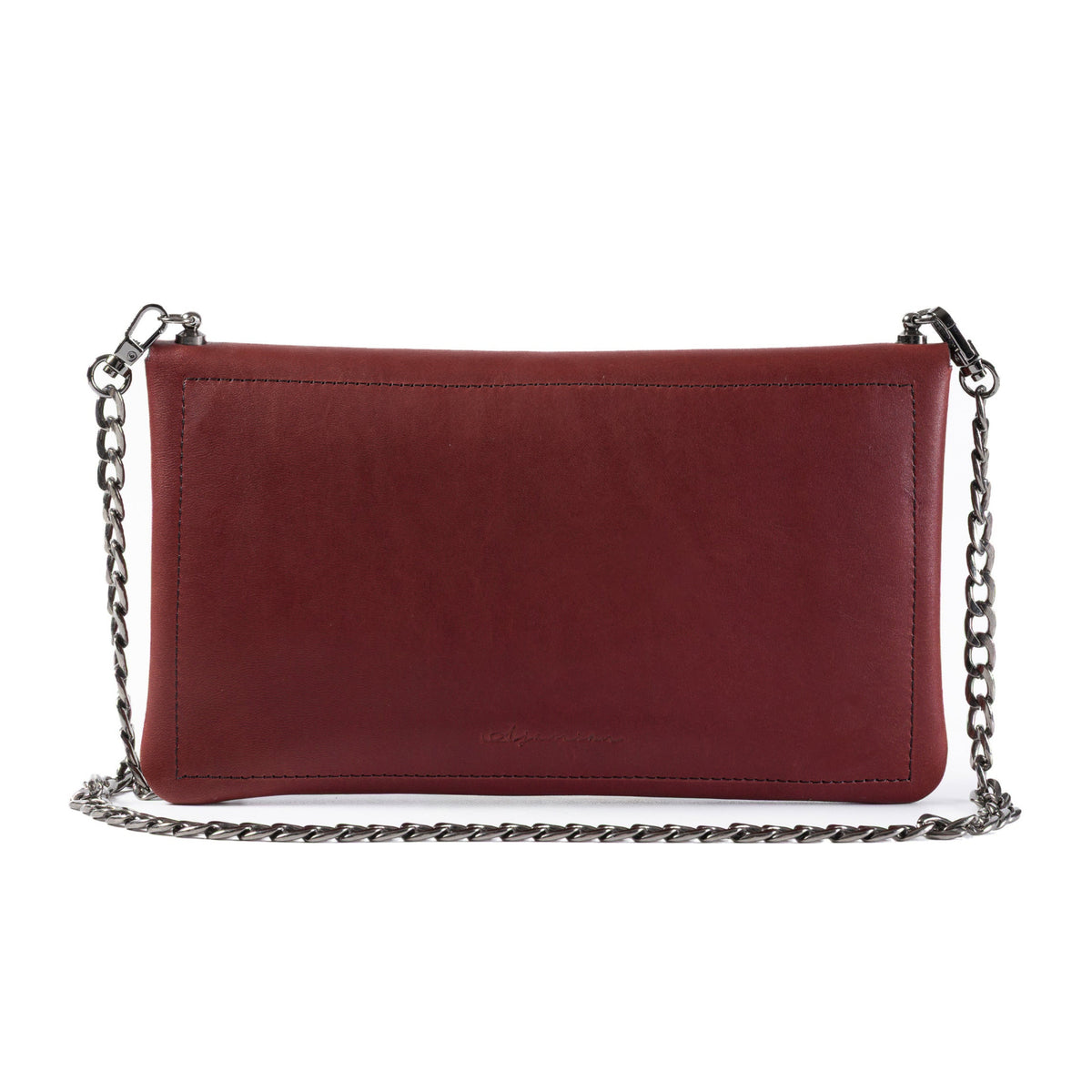A rectangular red leather clutch bag with a silver chain shoulder strap, shown against a plain white background.