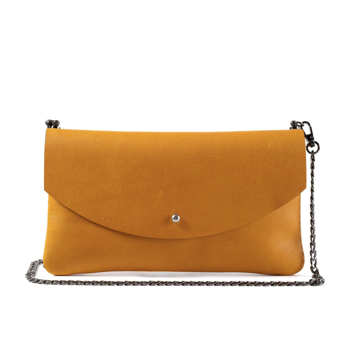 A mustard yellow envelope-style clutch bag with a small silver metal stud closure and a thin silver chain strap, shown against a plain white background.