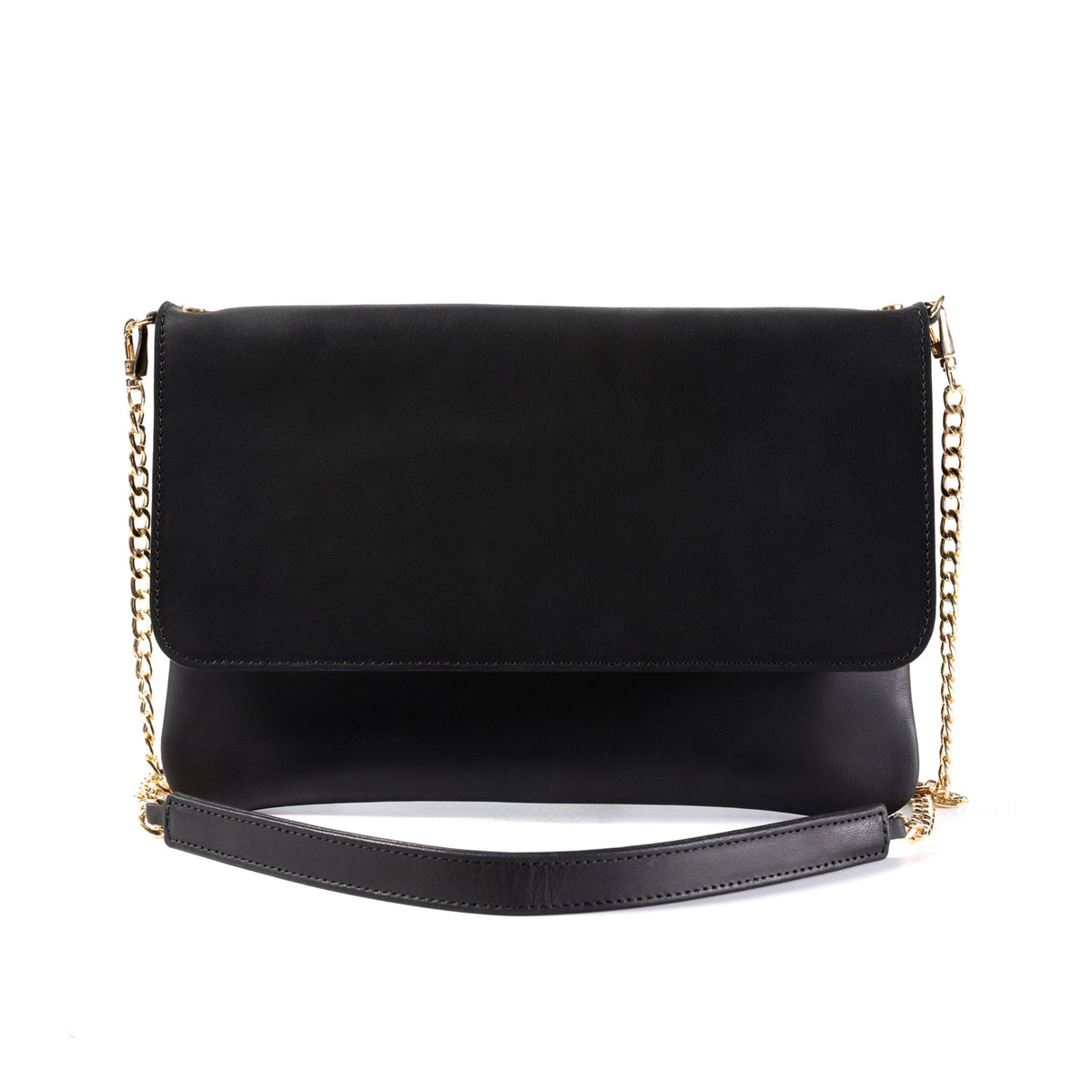 A black flap shoulder bag with a gold chain strap and a black leather wristlet, shown against a plain white background.