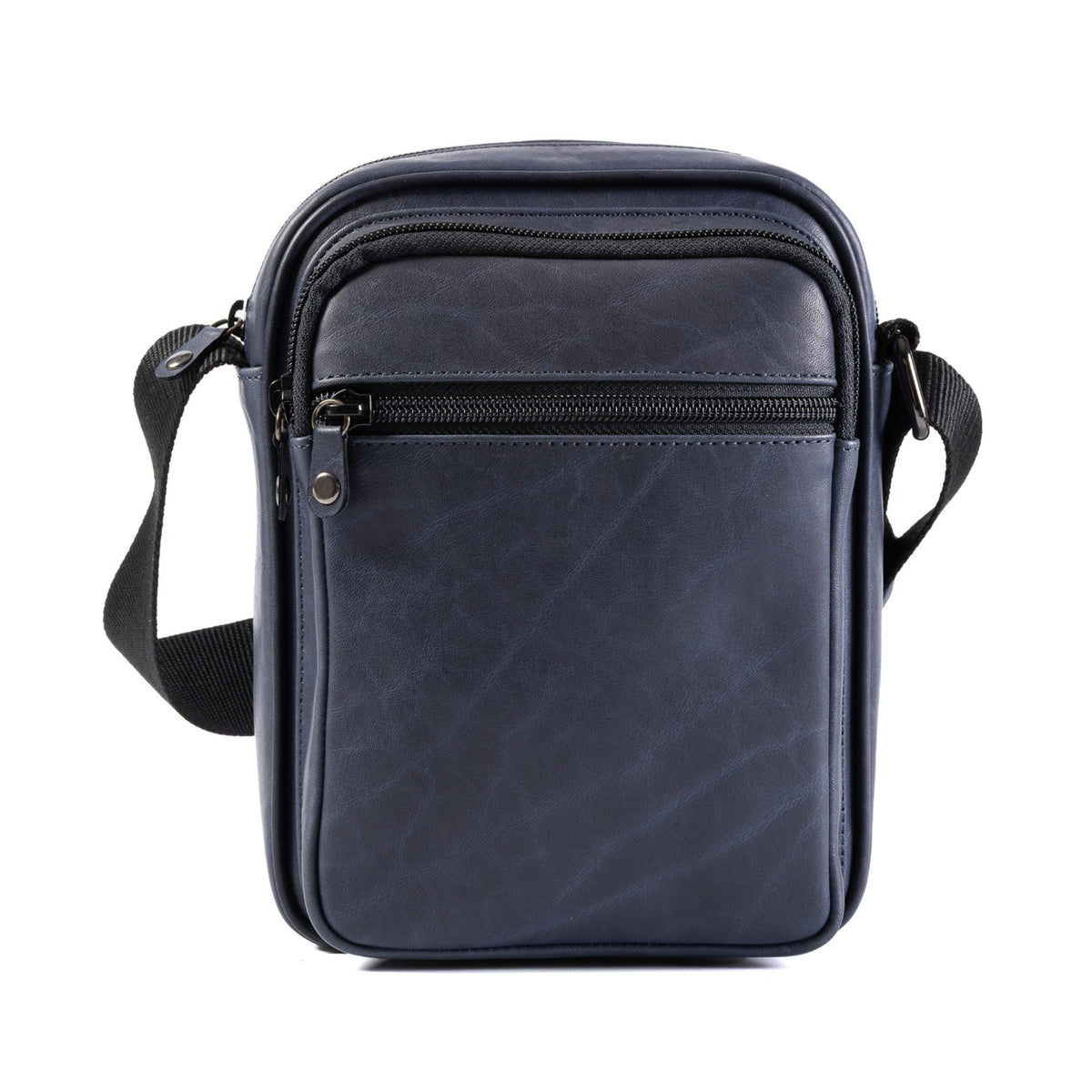 A dark navy blue leather crossbody phone bag with a front zippered pocket and a black adjustable shoulder strap, shown against a plain white background.