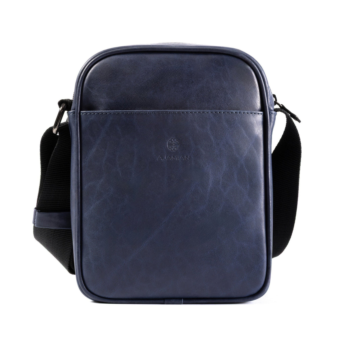 A dark navy blue leather crossbody bag with a black adjustable shoulder strap, shown against a plain white background.