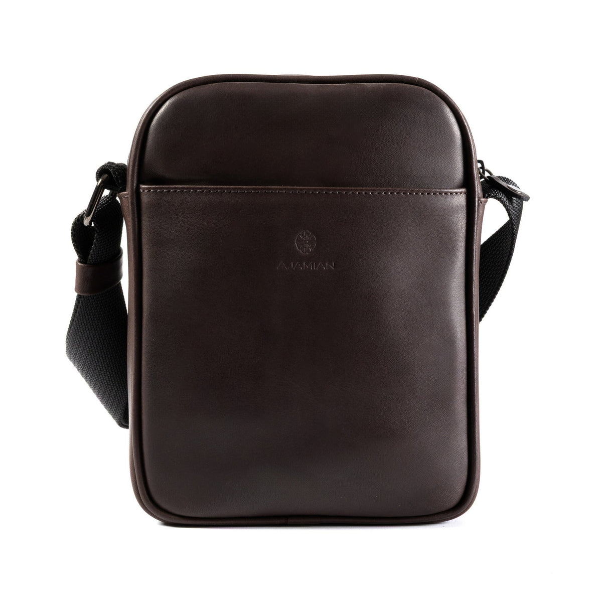 A dark brown leather crossbody bag with a front pocket and a small embossed logo, shown against a plain white background.