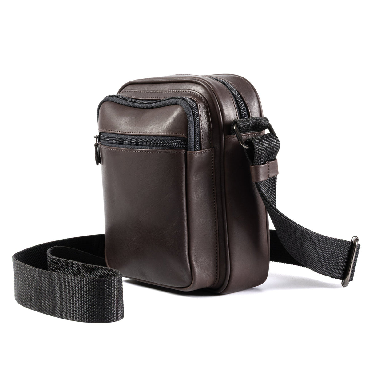 A dark brown leather crossbody phone bag with a black adjustable strap, displayed on a clean white background.