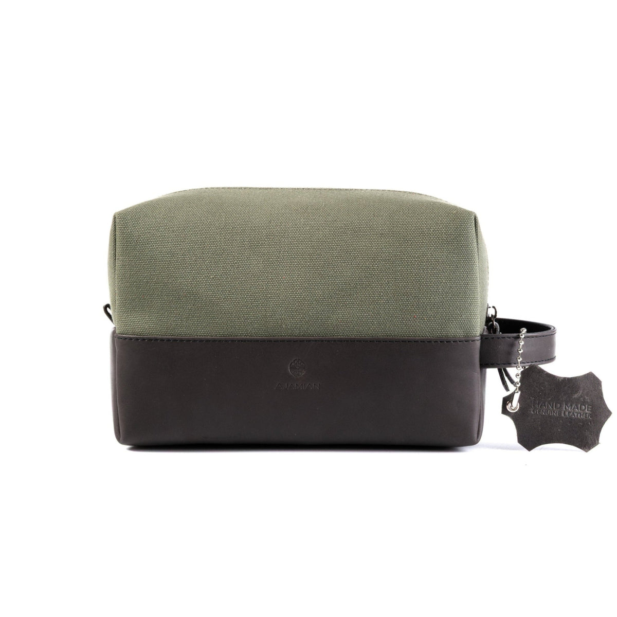 A rectangular two-tone pouch or small bag with an olive green top half and a dark brown bottom half, shown on a plain white background. A small black hanging tag is attached to the side.