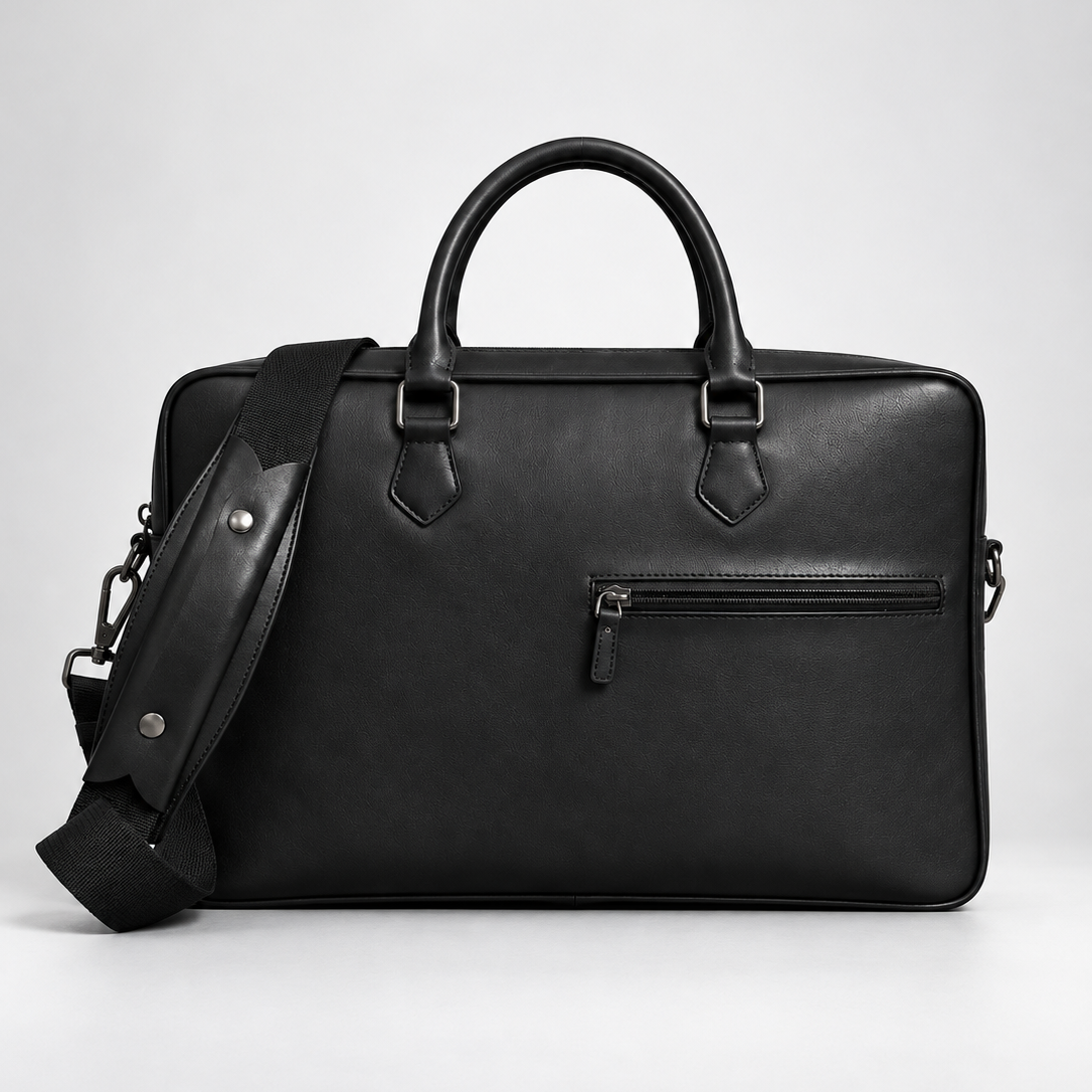 A black leather briefcase with top handles, a front zip pocket, and an adjustable shoulder strap, photographed on a light gray studio background.