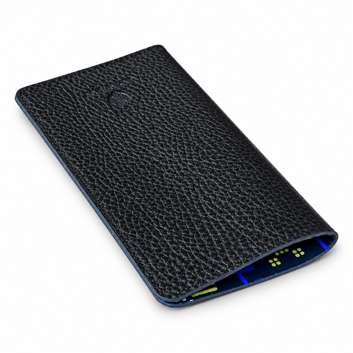 A black textured leather card holder or wallet with a pebbled leather finish, shown at an angle on a white background.