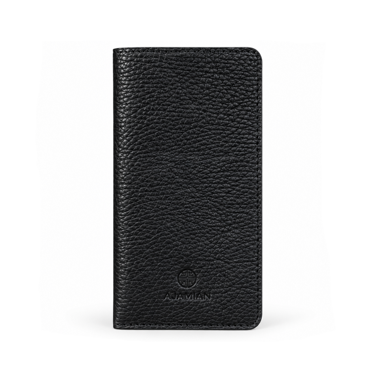 A black pebbled leather wallet case with a small debossed AJA MIAN logo at the bottom, shown on a clean white background.