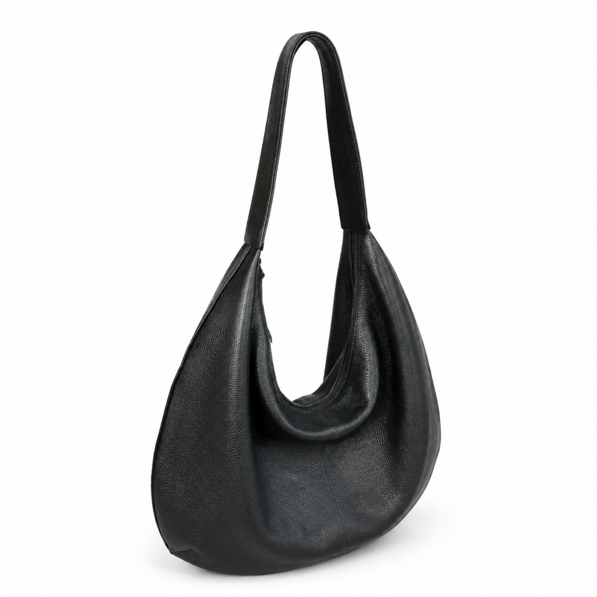 A black pebbled leather slouchy shoulder bag with a single strap, shown from a three-quarter angle on a white background.