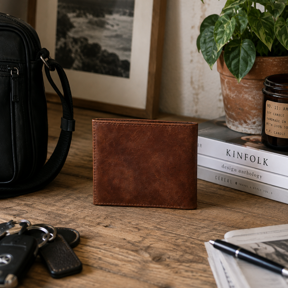 A brown leather bi-fold wallet standing upright on a rustic wooden table, surrounded by lifestyle props including a black shoulder bag, keys, a potted plant, books, and a notebook.