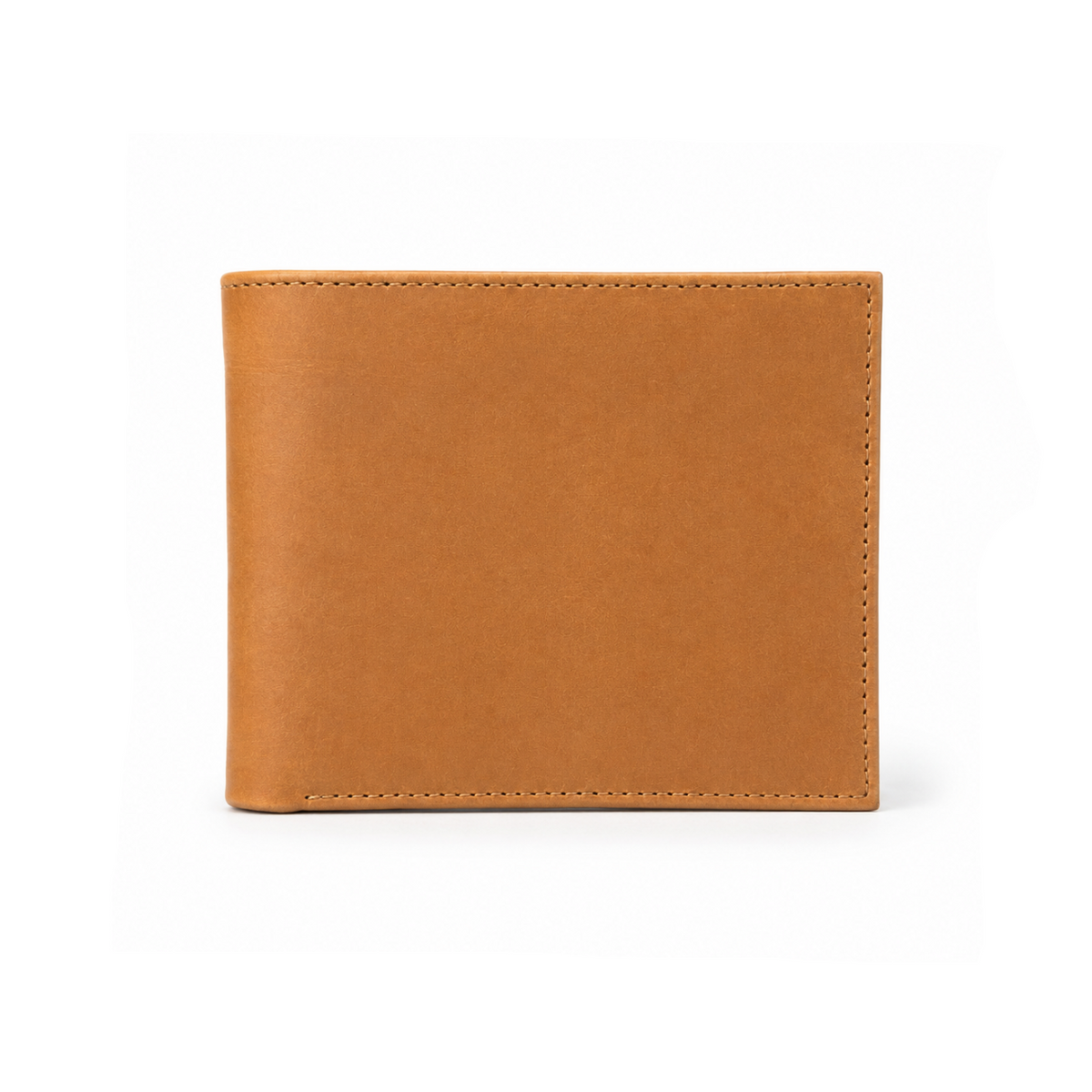 A classic bifold leather wallet in a warm tan/cognac color, shown closed against a clean white background.
