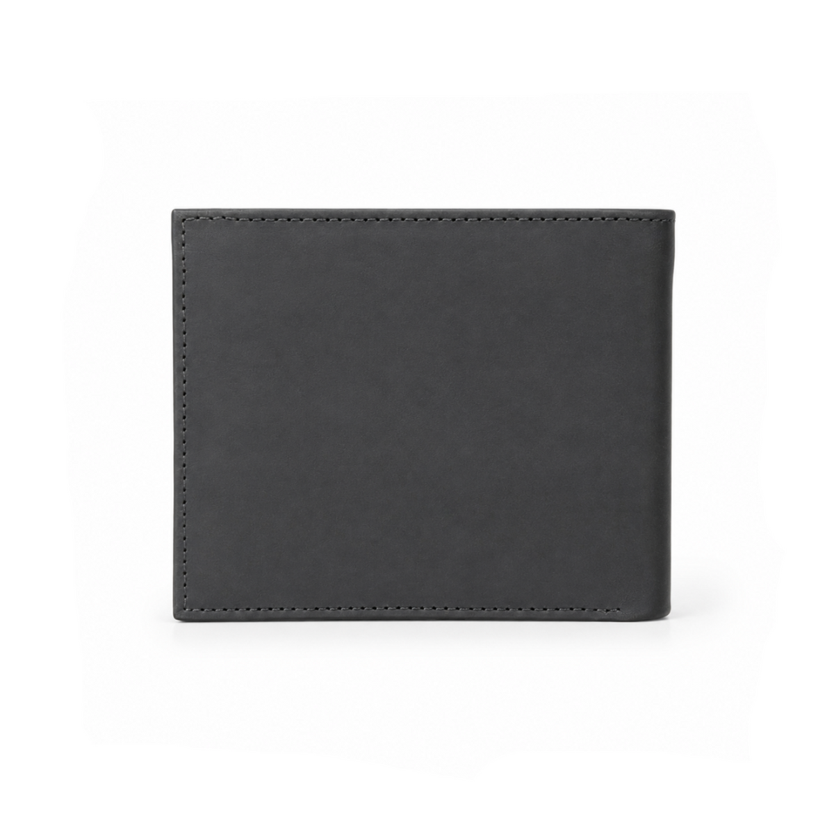A dark gray leather bifold wallet with precise stitching on a clean white background.