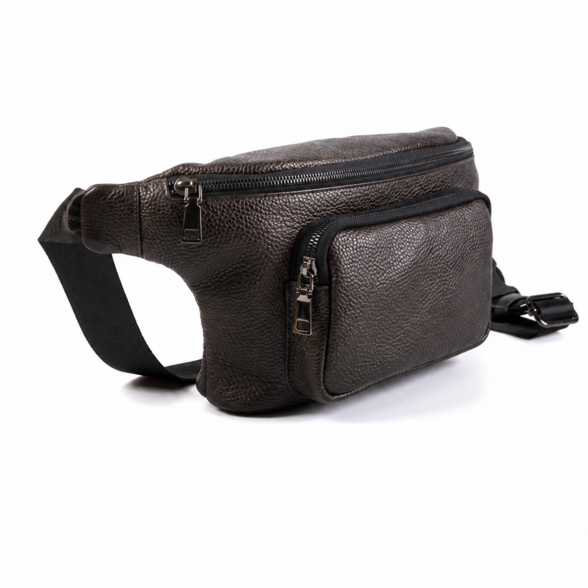 A dark brown pebbled leather fanny pack with a black adjustable strap and silver-tone zippers, shown on a plain white background.