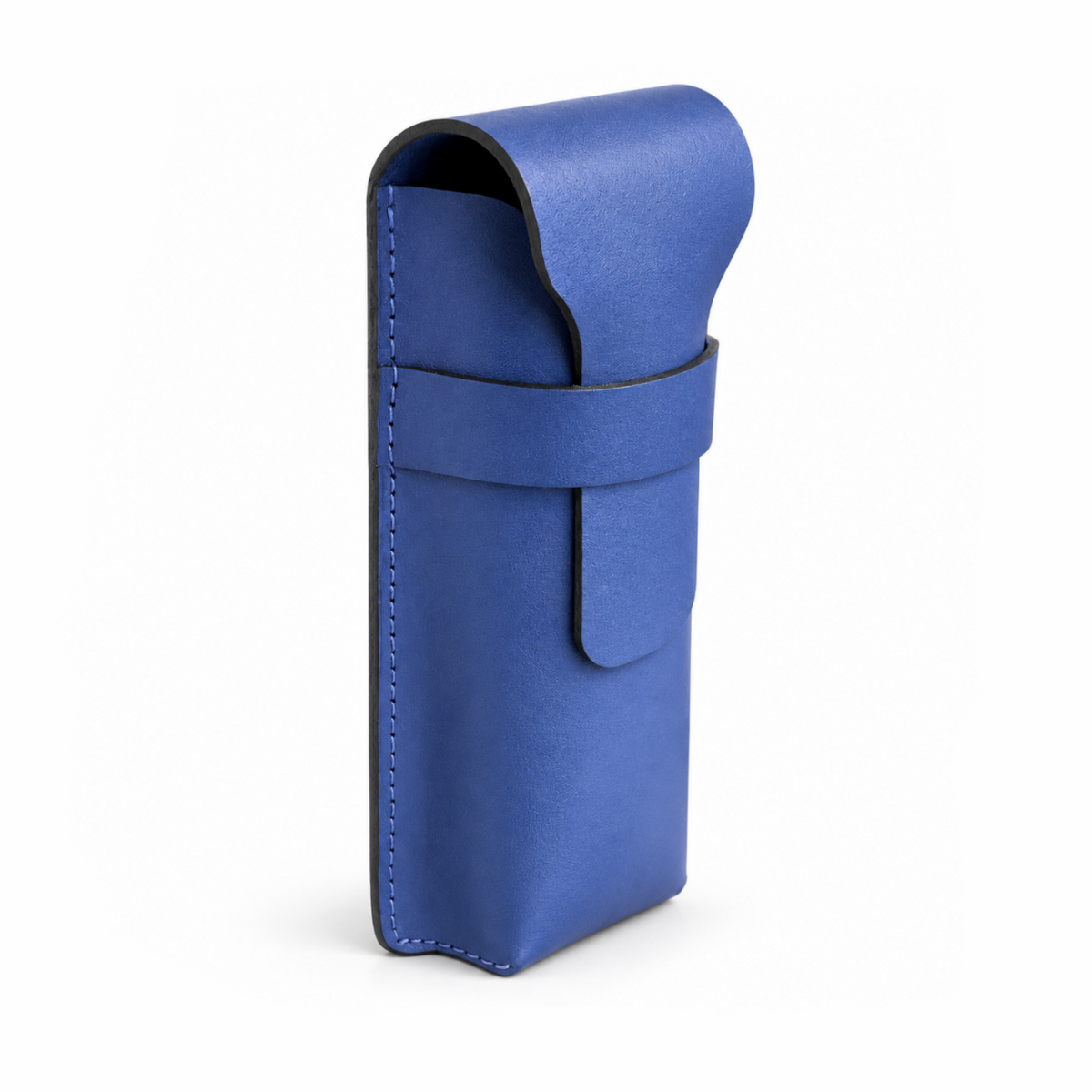 A blue leather pouch or sleeve with a strap closure, shown standing upright on a clean white background.