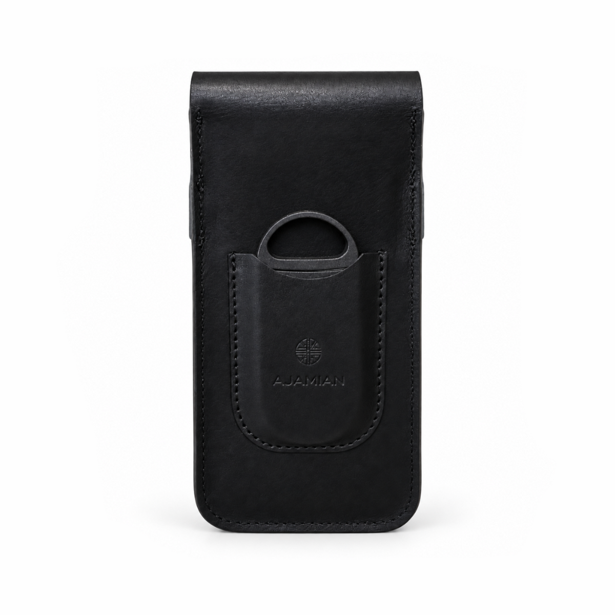 A black leather phone pouch with a front pocket and a circular ring detail, featuring the embossed brand name AJAMIAN on a clean white background.