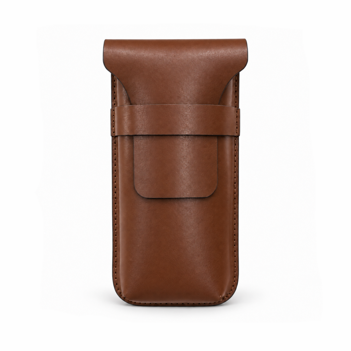 A brown leather phone pouch with a flap top and a horizontal strap closure, shown on a clean white background.