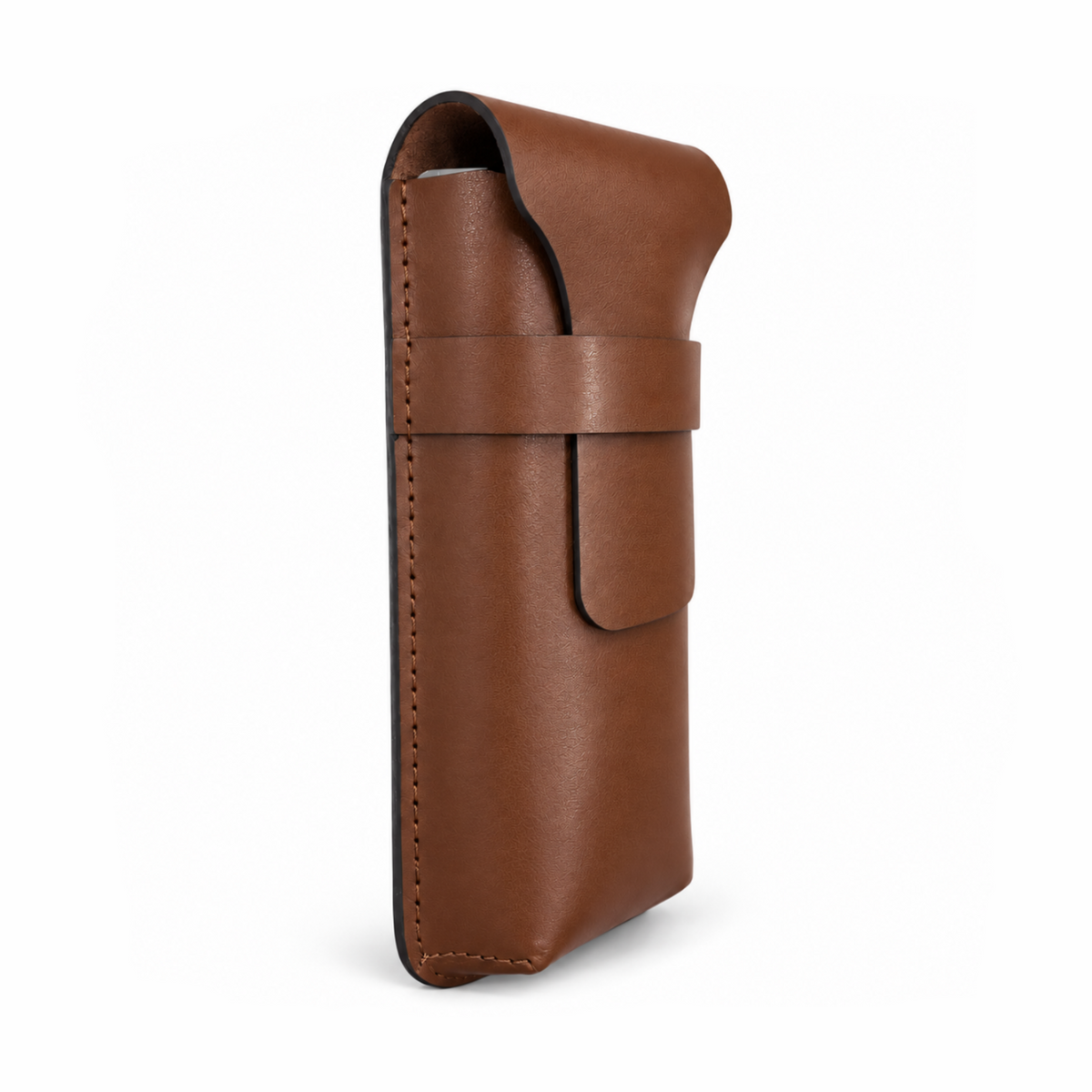 A brown leather phone pouch with a strap closure, shown standing upright on a clean white background.