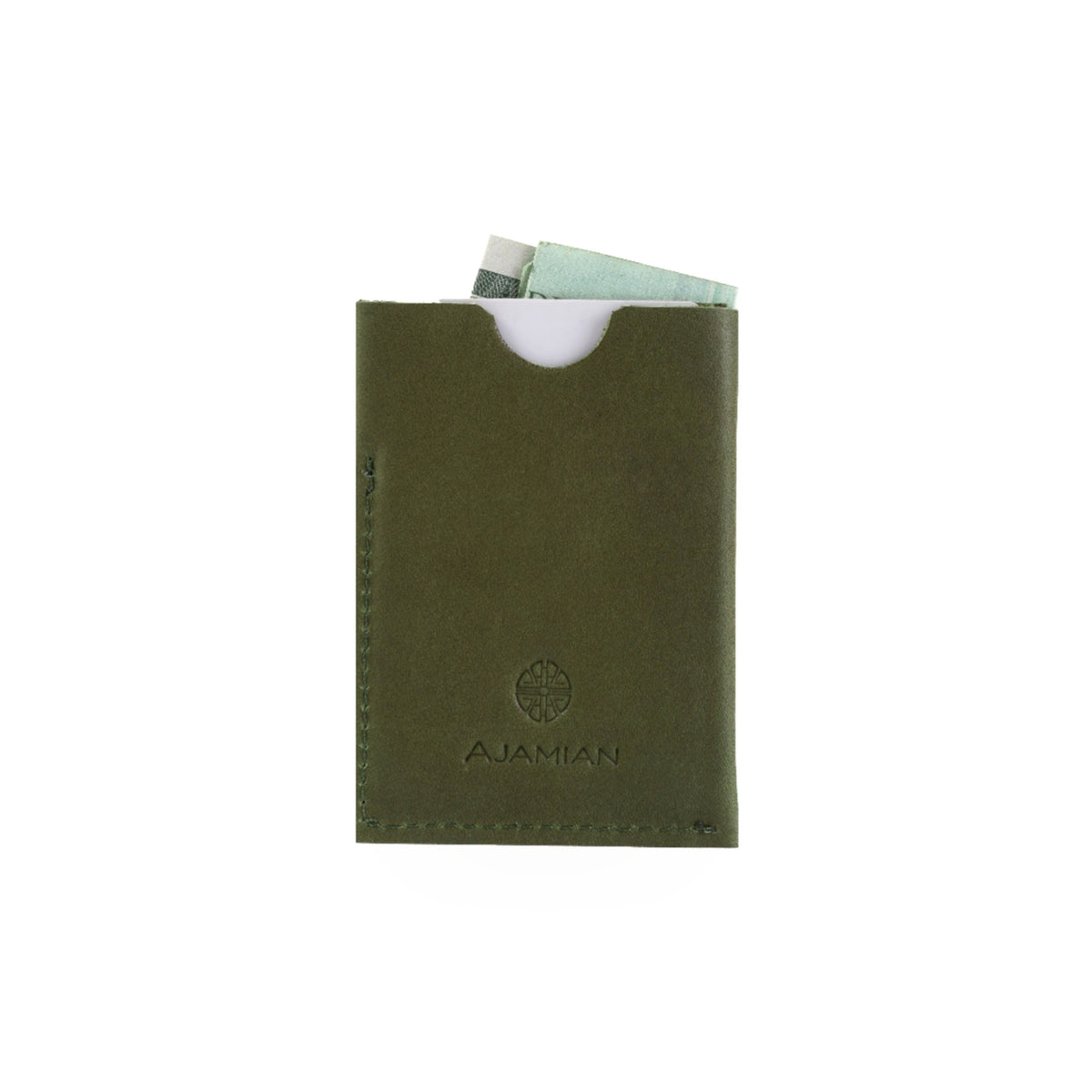 An olive green leather card holder wallet with an embossed AJAMIAN logo, shown with a white card partially inserted at the top, on a solid white background.